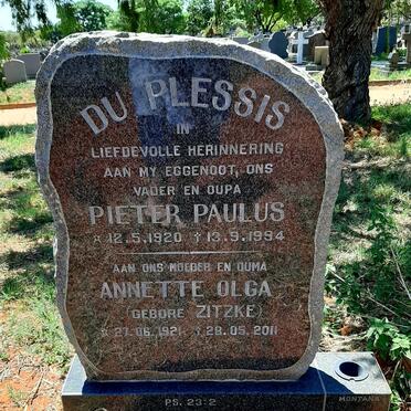 PLESSIS Pieter Paulus, du 1920-1994 &amp; Annette Olga ZITZKE 1921-2011