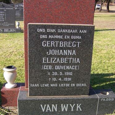 WYK Gertbregt Johanna Elizabetha, van nee DUVENAGE 1910-1991