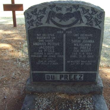 PREEZ Andries Petrus Jacobus, du 1891-1953 &amp; Sarah Johanna Wilhelmina HERBST 1894-1966