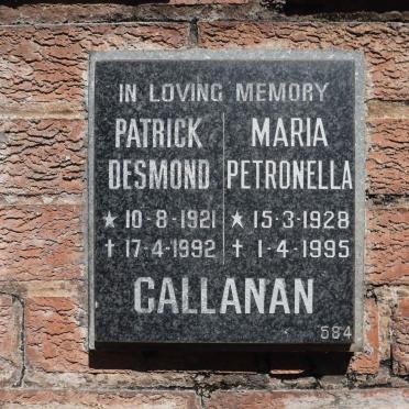 CALLANAN Patrick Desmond 1921-1992 &amp; Maria Petronella 1928-1995