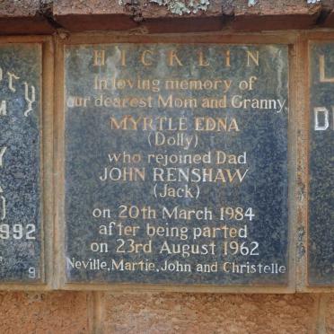 HICKLIN John Renshaw -1962 &amp; Myrtle Edna -1984