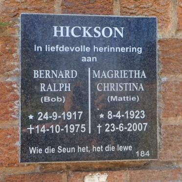 HICKSON Bernard Ralph 1917-1975 &amp; Magrietha Christina 1923-2007