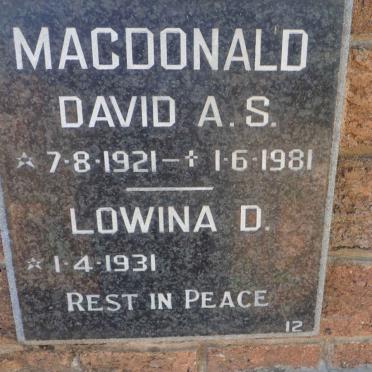 MACDONALD David A.S. 1921-1981 &amp; Lowina D. 1931-