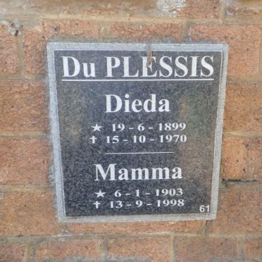 PLESSIS Dieda, du 1899-1970 &amp; Mamma 1903-1998