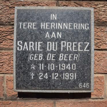 PREEZ Sarie, du nee DE BEER 1940-1991