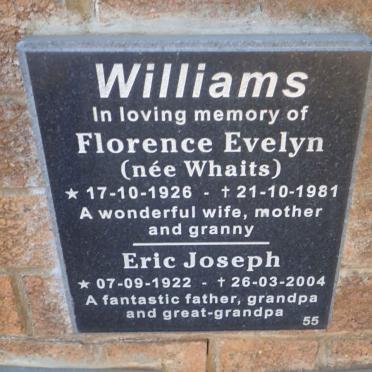 WILLIAMS Eric Joseph 1922-2004 &amp; Florence Evelyn WHAITS 1926-1981