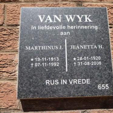 WYK Marthinus J., van 1913-1992 &amp; Jeanetta H. 1920-2008