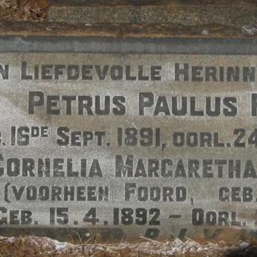 FOORD Petrus Paulus 1891-1939 :: LOMBARD Cornelia Margaretha voorheen FOORD nee PIENAAR 1892-1965