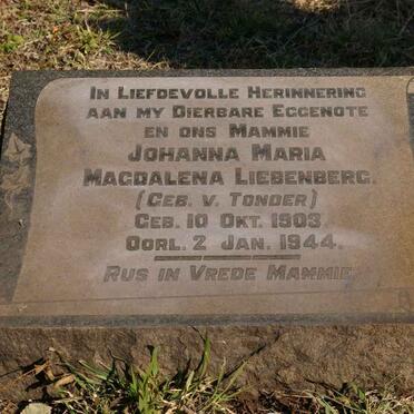 LIEBENBERG Johanna Maria Magdalena nee V. TONDER 1903-1944