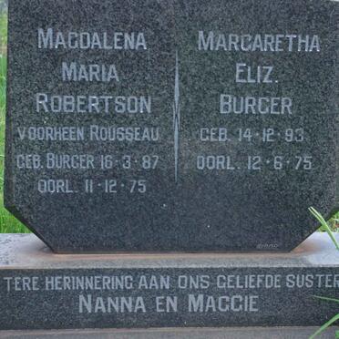 ROBERTSON Magdalena Maria formerly ROUSSEAU nee BURGER 1887-1975 :: BURGER Margaretha Eliz. 1893-1975