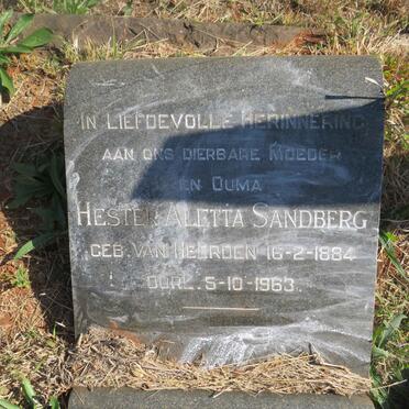SANDBERG Hester Aletta nee VAN HEERDEN 1884-1963