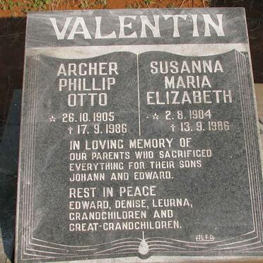 VALENTIN Archer Phillip Otto 1905-1986 &amp; Susanna Maria Elizabeth 1904-1986