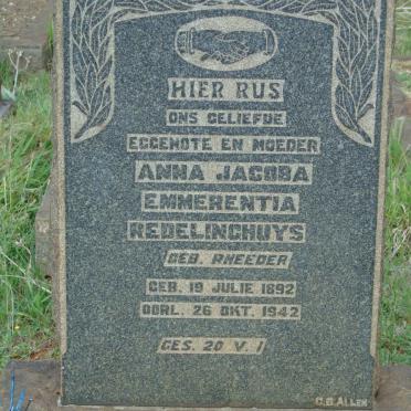 REDELINGHUYS Anna Jacoba Emmerentia nee RHEEDER 1892-1942