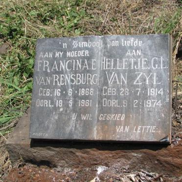 RENSBURG Francina E., van 1868-1961 :: VAN ZYL Helletje G.L. 1914-1974