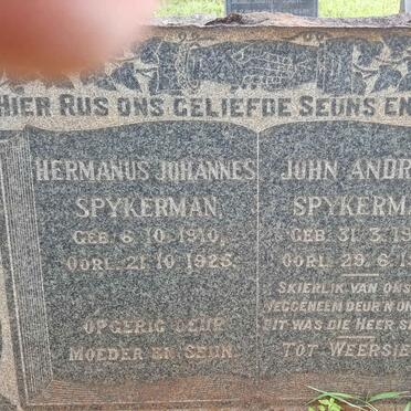 SPYKERMAN John Andrew 1918-1941 :: SPYKERMAN Hermanus Johannes 1910-1925