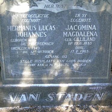 STADEN Hermanus Lucas Johannes, van 1875-1949 & Jacomina Magdalena GILLILAND 1885-1965