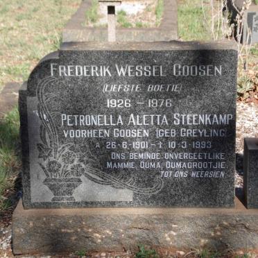 STEENKAMP Petronella Aletta voorheen GOOSEN nee GREYLING 1901-1993 :: GOOSEN Frederik Wessel 1926-1976