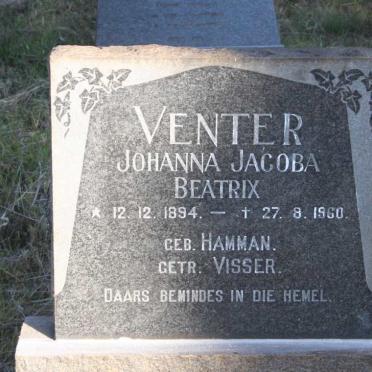 VENTER Johanna Jacoba Beatrix voorheen VISSER nee HAMMAN 1894-1960