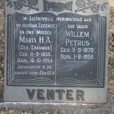 VENTER Willem Petrus 1879-1958 & Maria H.A. ERASMUS 1855-1954
