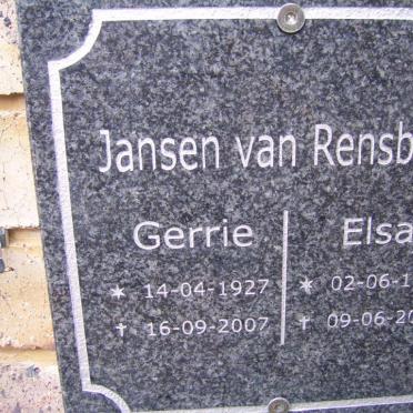 RENSBURG Gerrie, Jansen van 1927-2007 &amp; Elsa 1927-2010