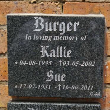 BURGER Kallie 1935-2002 &amp; Sue 1931-2011
