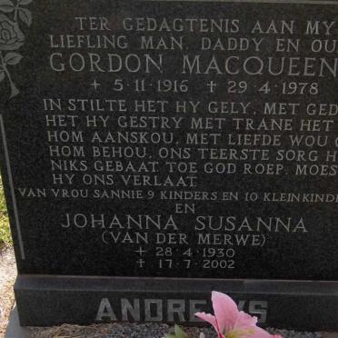 ANDREWS Gordon Macqueen 1916-1978 &amp; Johanna Susanna VAN DER MERWE 1930-2002