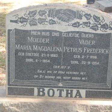 BOTHA Petrus Frederick 1866-1954 &amp; Maria Magdalena COETZEE 1883-1954