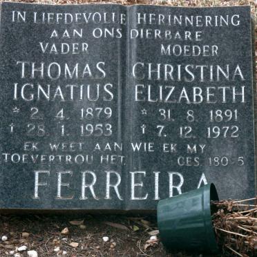 FERREIRA Thomas Ignatius 1879-1953 &amp; Christina Elizabeth 1891-1972