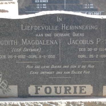 FOURIE Jacobus Petrus 1884-1960 &amp; Judith Magdalena SNYMAN 1892-1950