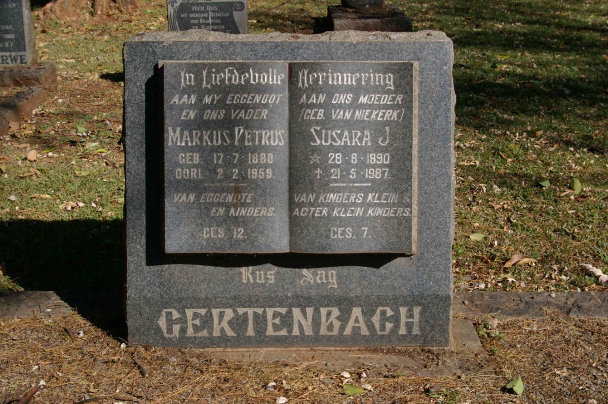 GERTENBACH Markus Petrus 1880-1959 &amp; Susara J. VAN NIEKERK 1890-1987