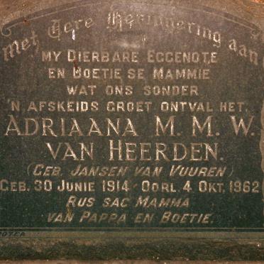 HEERDEN Adriaana M.M.W., van nee JANSEN VAN VUUREN 1914-1962