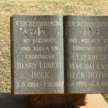 HECK Henry Ernest 1904-1967 &amp; Elizabeth Magdalena BOTHA 1905-1985