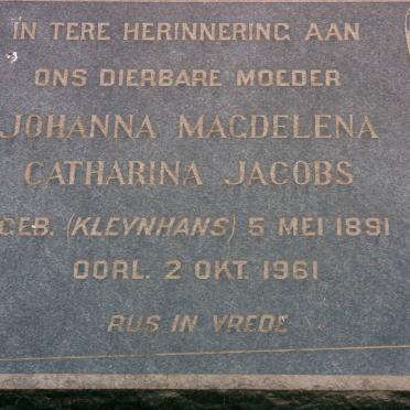 JACOBS Johanna Magdelena Catharina nee KLEYNHANS 1891-1961