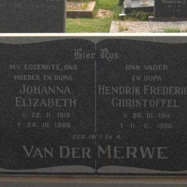 MERWE Hendrik Frederick Christoffel, van der 1911-1988 &amp; Johanna Elizabeth 1918-1986