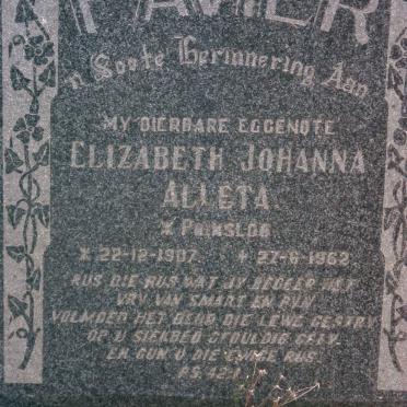 PAVIER Elizabeth Johanna Alleta nee PRINSLOO 1907-1962