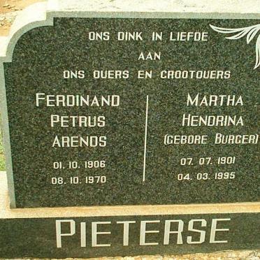 PIETERSE Ferdinand Petrus Arends 1906-1970 &amp; Martha Hendrina BURGER 1901-1995