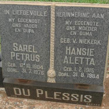 PLESSIS Sarel Petrus, du 1904-1976 &amp; Hansie Aletta VAN NIEKERK 1915-1984