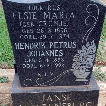 RENSBURG Hendrik Petrus Johannes, Janse van  1893-1994 &amp; Elsie Maria CRONJE 1896-1974
