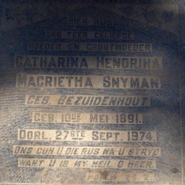 SNYMAN Catharina Hendrina Magrietha nee BEZUIDENHOUT 1891-1974