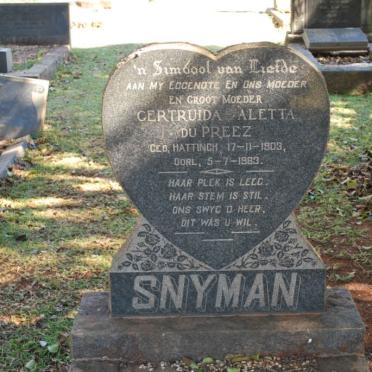 SNYMAN Gertruida Aletta du Preez nee HATTINGH 1903-1983