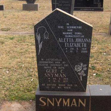 SNYMAN Gert C. 1914-1977 &amp; Aletta Johanna Elizabeth 1919-2006
