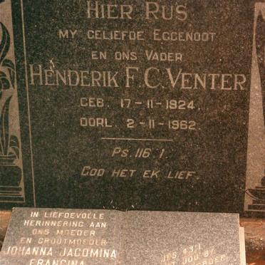 VENTER Henderik F.C. 1924-1962 &amp; Johanna Jacomina Francina formerly BOOYENS nee VAN LOGGERENBERG 1911-1982