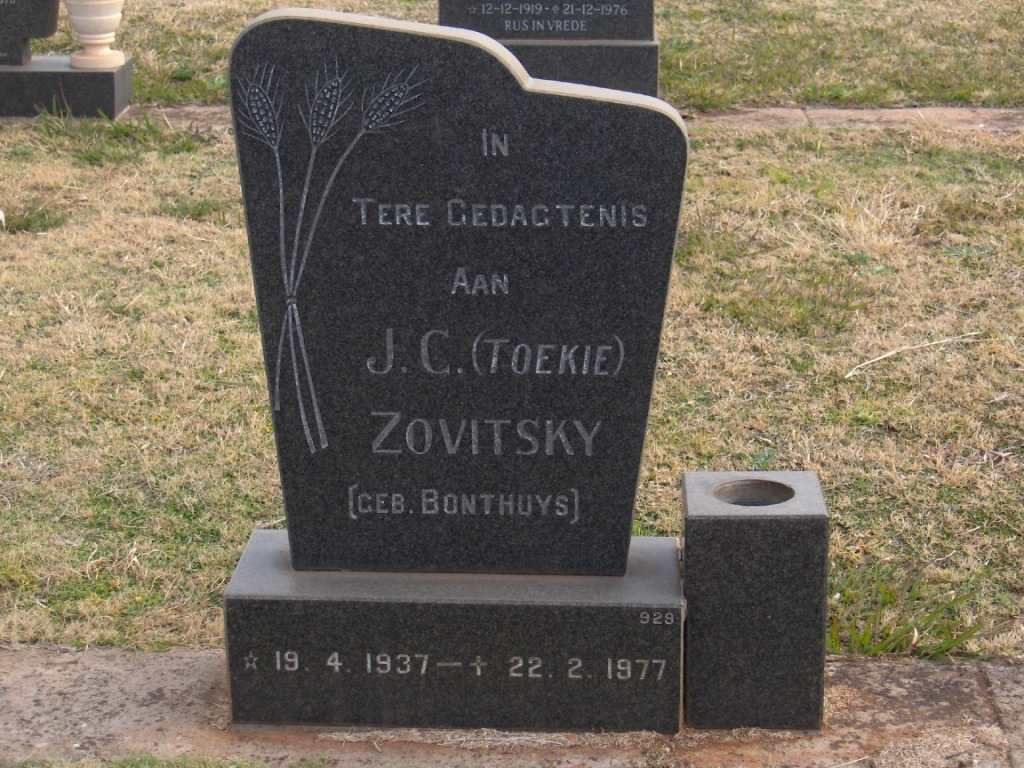 ZOVITSKY J.C. nee BONTHUYS 1937-1977