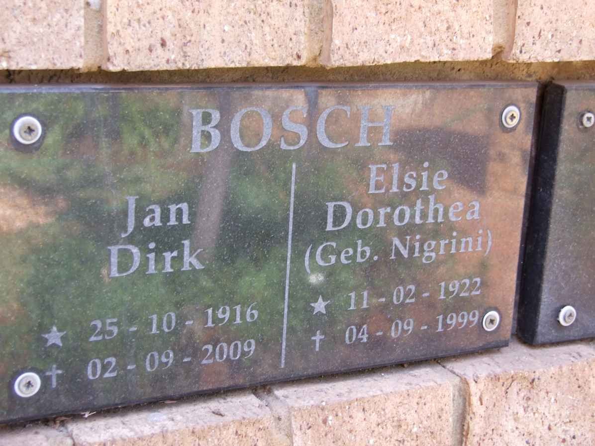 BOSCH Jan Dirk 1916-2009 &amp; Elsie Dorothea NIGRINI 1922-1999