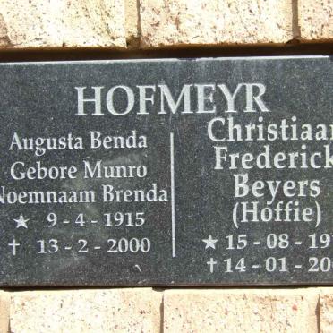 HOFMEYR Christiaan Frederik Beyers 1916-2004 &amp; Augusta Benda MUNRO 1915-2000