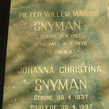 SNYMAN Pieter Willem Marais 1957-1976 :: SNYMAN Johanna Christina 1937-1997