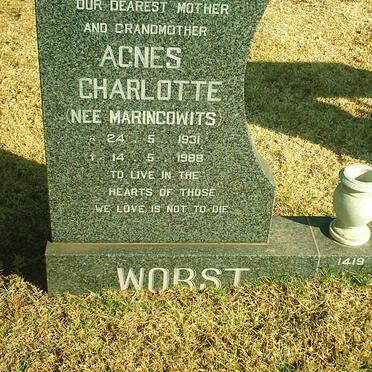WORST Agnes Charlotte nee MARINCOWITS 1931-1988