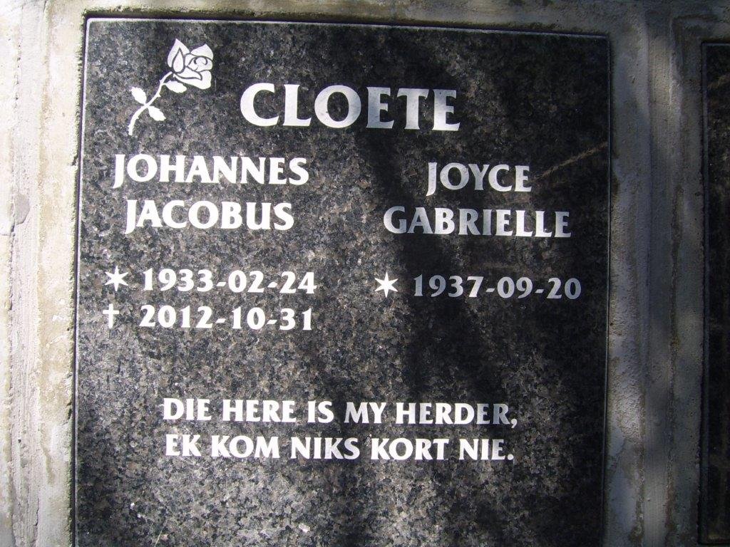 CLOETE Johannes Jacobus 1933-2012 &amp; Joyce Gabrielle 1937-