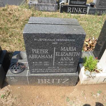 BRITZ Pieter Abraham 1927-2002 & Maria Elizabeth Anna 1929-2023