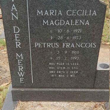 MERWE Petrus Francois, van der 1916-1993 & Maria Cecilia Magdalena 1921-1973